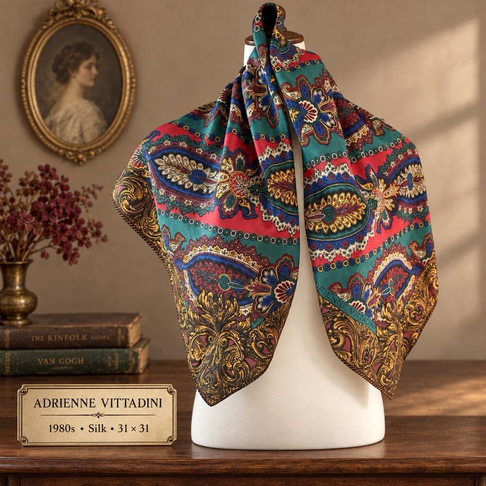 Vintage Adrienne Vittadini 1980s Silk Paisley Scarf Red Teal 31x31